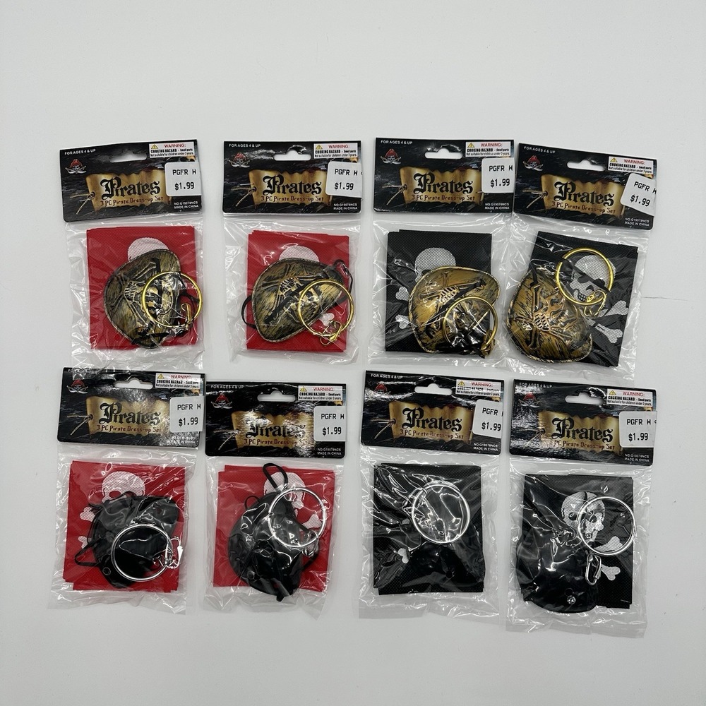 Lot 8 3 PC Pirate Dress-up Set w/ Skull Wrap Eye Patch Earring Party Lot K2‎ New